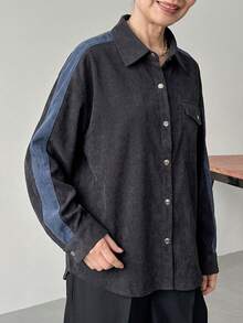 FRIFUL Middle-Aged Women's Autumn Colorblock Corduroy Shirt - Grey - View 3