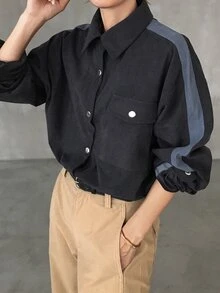 FRIFUL Middle-Aged Women's Autumn Colorblock Corduroy Shirt - Grey - View 11