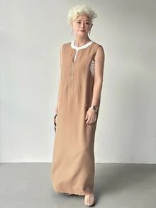 FRIFUL Women's Khaki Solid Color Sleeveless Zipper Decor Dress, Autumn - Khaki - View 1