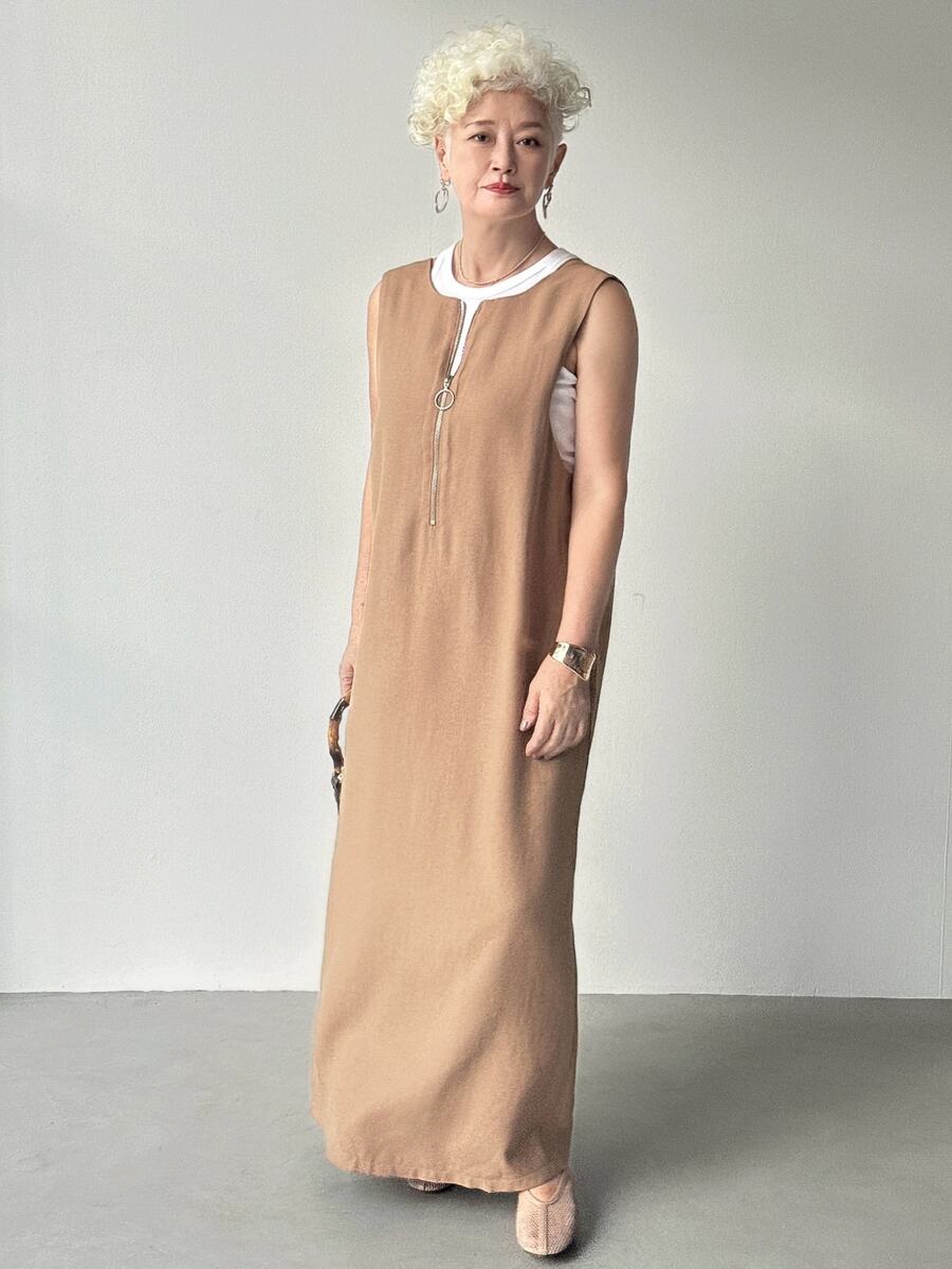 FRIFUL Women's Khaki Solid Color Sleeveless Zipper Decor Dress, Autumn - Khaki - View 1