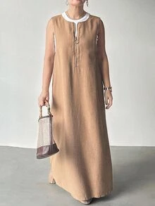 FRIFUL Women's Khaki Solid Color Sleeveless Zipper Decor Dress, Autumn - Khaki - View 8