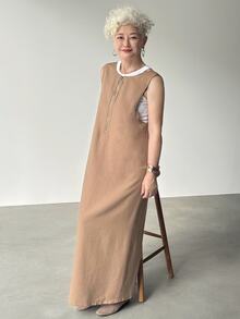 FRIFUL Women's Khaki Solid Color Sleeveless Zipper Decor Dress, Autumn - Khaki - View 4
