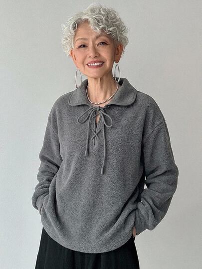 FRIFUL Sweatshirt Wanita Paruh Baya Musim Gugur Warna Polos dengan Tali di Leher