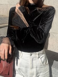 FRIFUL Middle-Aged Women's Autumn Solid Color Contrast Mesh & Velvet Slimming T-Shirt - Black - View 6