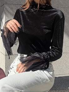 FRIFUL Middle-Aged Women's Autumn Solid Color Contrast Mesh & Velvet Slimming T-Shirt - Black - View 12