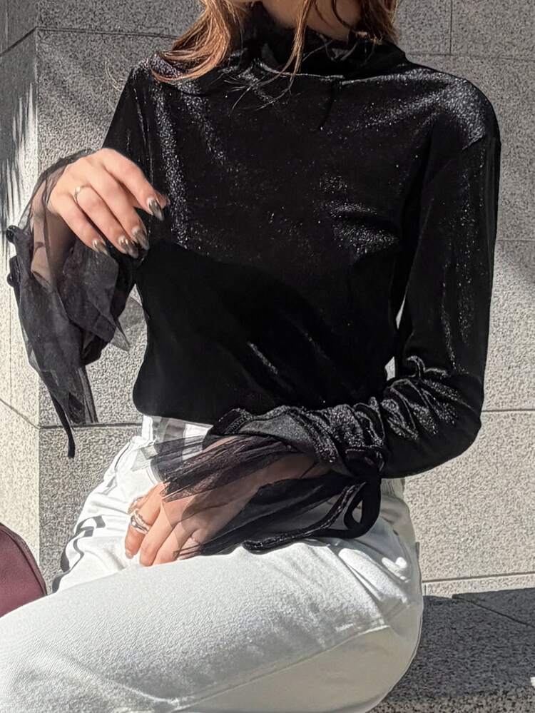 FRIFUL Middle-Aged Women's Autumn Solid Color Contrast Mesh & Velvet Slimming T-Shirt - Black - View 12