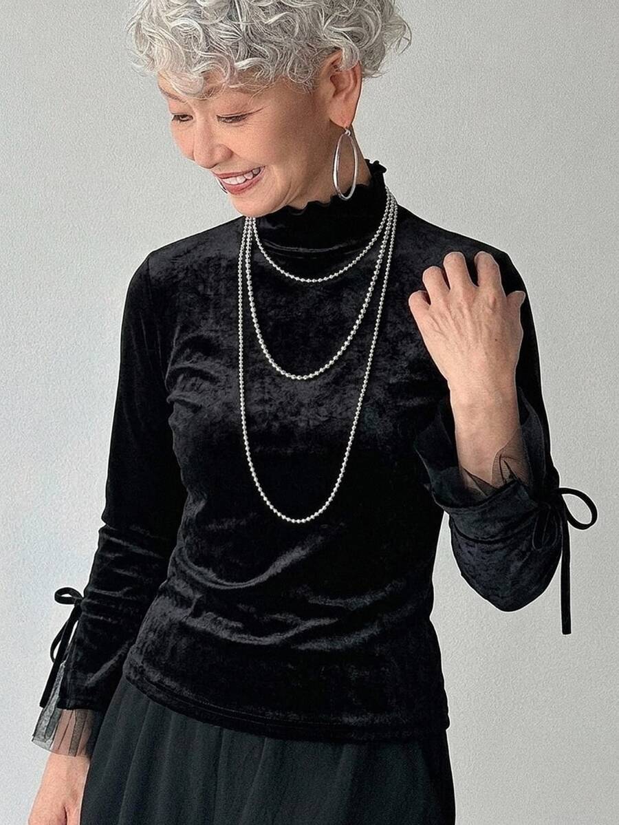 FRIFUL Middle-Aged Women's Autumn Solid Color Contrast Mesh & Velvet Slimming T-Shirt - Black - View 1