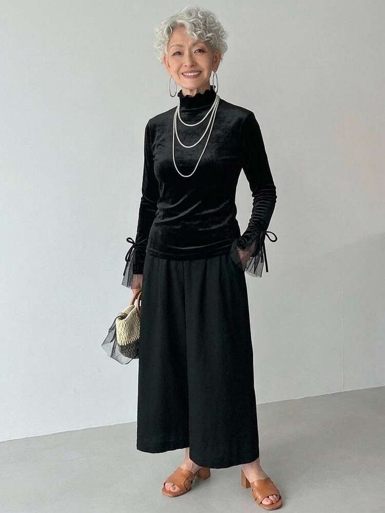 FRIFUL Middle-Aged Women's Autumn Solid Color Contrast Mesh & Velvet Slimming T-Shirt - Black - View 4