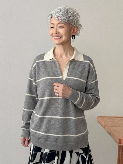 FRIFUL Middle-Aged And Elderly Women's Autumn Striped Loose Sweater