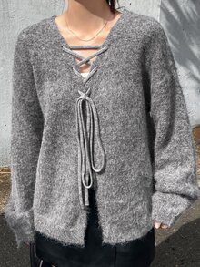 FRIFUL Women's Tie-Up Design Dropped Shoulder Long Sleeve Casual Loose Sweater - Grey - View 9