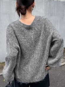 FRIFUL Women's Tie-Up Design Dropped Shoulder Long Sleeve Casual Loose Sweater - Grey - View 10