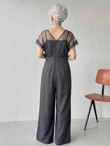 FRIFUL Women's Mesh Patchwork Pocket Wide Leg Jumpsuit Lounge Sets For Women Summer Jumpsuits For Women Golf Pastal Sexy - Grey - View 2