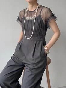 FRIFUL Women's Mesh Patchwork Pocket Wide Leg Jumpsuit Lounge Sets For Women Summer Jumpsuits For Women Golf Pastal Sexy - Grey - View 5
