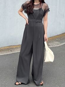 FRIFUL Women's Mesh Patchwork Pocket Wide Leg Jumpsuit Lounge Sets For Women Summer Jumpsuits For Women Golf Pastal Sexy - Grey - View 7