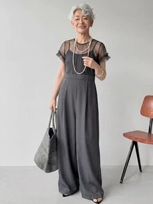 FRIFUL Women's Mesh Patchwork Pocket Wide Leg Jumpsuit Lounge Sets For Women Summer Jumpsuits For Women Golf Pastal Sexy - Grey - View 3