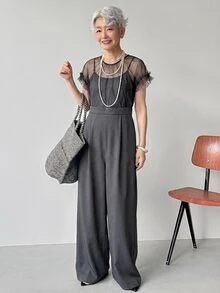 FRIFUL Women's Mesh Patchwork Pocket Wide Leg Jumpsuit Lounge Sets For Women Summer Jumpsuits For Women Golf Pastal Sexy - Grey - View 1
