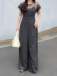 FRIFUL Women's Mesh Patchwork Pocket Wide Leg Jumpsuit Lounge Sets For Women Summer Jumpsuits For Women Golf Pastal Sexy - Grey - View 8
