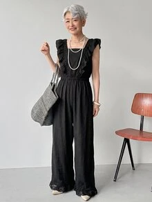 FRIFUL Women's Summer Casual Elegant Solid Color Ruffle Collar Jumpsuit Lounge Sets For Women Jumpsuit For Women Everyday Black - Black - View 2
