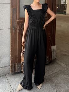 FRIFUL Women's Summer Casual Elegant Solid Color Ruffle Collar Jumpsuit Lounge Sets For Women Jumpsuit For Women Everyday Black - Black - View 8