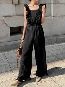 FRIFUL Women's Summer Casual Elegant Solid Color Ruffle Collar Jumpsuit Lounge Sets For Women Jumpsuit For Women Everyday Black - Black - View 10