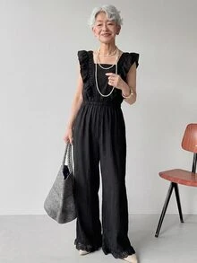 FRIFUL Women's Summer Casual Elegant Solid Color Ruffle Collar Jumpsuit Lounge Sets For Women Jumpsuit For Women Everyday Black - Black - View 1