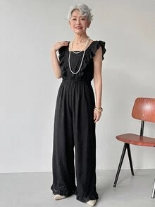 FRIFUL Women's Summer Casual Elegant Solid Color Ruffle Collar Jumpsuit Lounge Sets For Women Jumpsuit For Women Everyday Black - Black - View 4