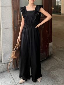 FRIFUL Women's Summer Casual Elegant Solid Color Ruffle Collar Jumpsuit Lounge Sets For Women Jumpsuit For Women Everyday Black - Black - View 6