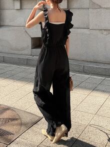 FRIFUL Women's Summer Casual Elegant Solid Color Ruffle Collar Jumpsuit Lounge Sets For Women Jumpsuit For Women Everyday Black - Black - View 7