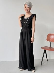 FRIFUL Women's Summer Casual Elegant Solid Color Ruffle Collar Jumpsuit Lounge Sets For Women Jumpsuit For Women Everyday Black - Black - View 3