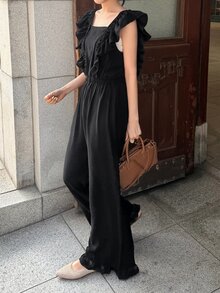 FRIFUL Women's Summer Casual Elegant Solid Color Ruffle Collar Jumpsuit Lounge Sets For Women Jumpsuit For Women Everyday Black - Black - View 9