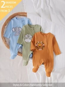 SHEIN 2件組新生兒嬰兒連身衣，男孩女孩通用，綠色與黃色，柔軟舒適的紋理羅紋布料，精緻可愛卡通恐龍與獅子刺繡，簡約拉鍊設計，長袖連腳連身衣，居家休閒服 - 彩色 - 查看 4