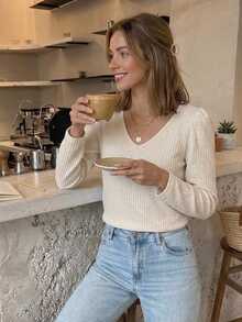 Serisse Lace Spliced Long Sleeve Waffle Fabric T-Shirt - Apricot - View 2
