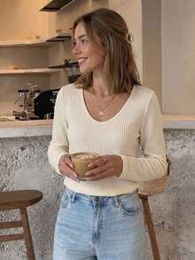 Serisse Lace Spliced Long Sleeve Waffle Fabric T-Shirt - Apricot - View 6