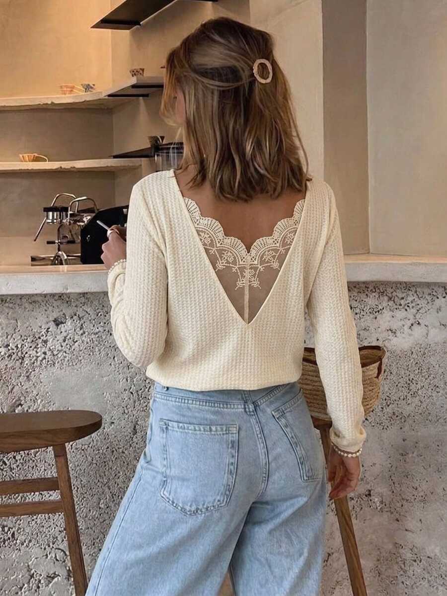 Serisse Lace Spliced Long Sleeve Waffle Fabric T-Shirt - Apricot - View 1