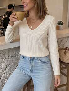 Serisse Lace Spliced Long Sleeve Waffle Fabric T-Shirt - Apricot - View 4