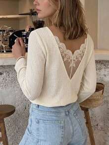 Serisse Lace Spliced Long Sleeve Waffle Fabric T-Shirt - Apricot - View 5