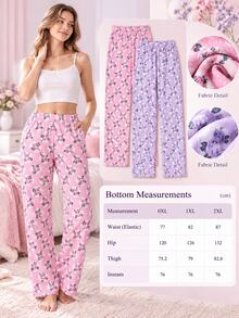 SHEIN PLUS Cotton Women 2 Pcs Multicolour Striped&Heart Patterned Long Pants Homewear Sleep Bottoms Set - Multicolor - View 5