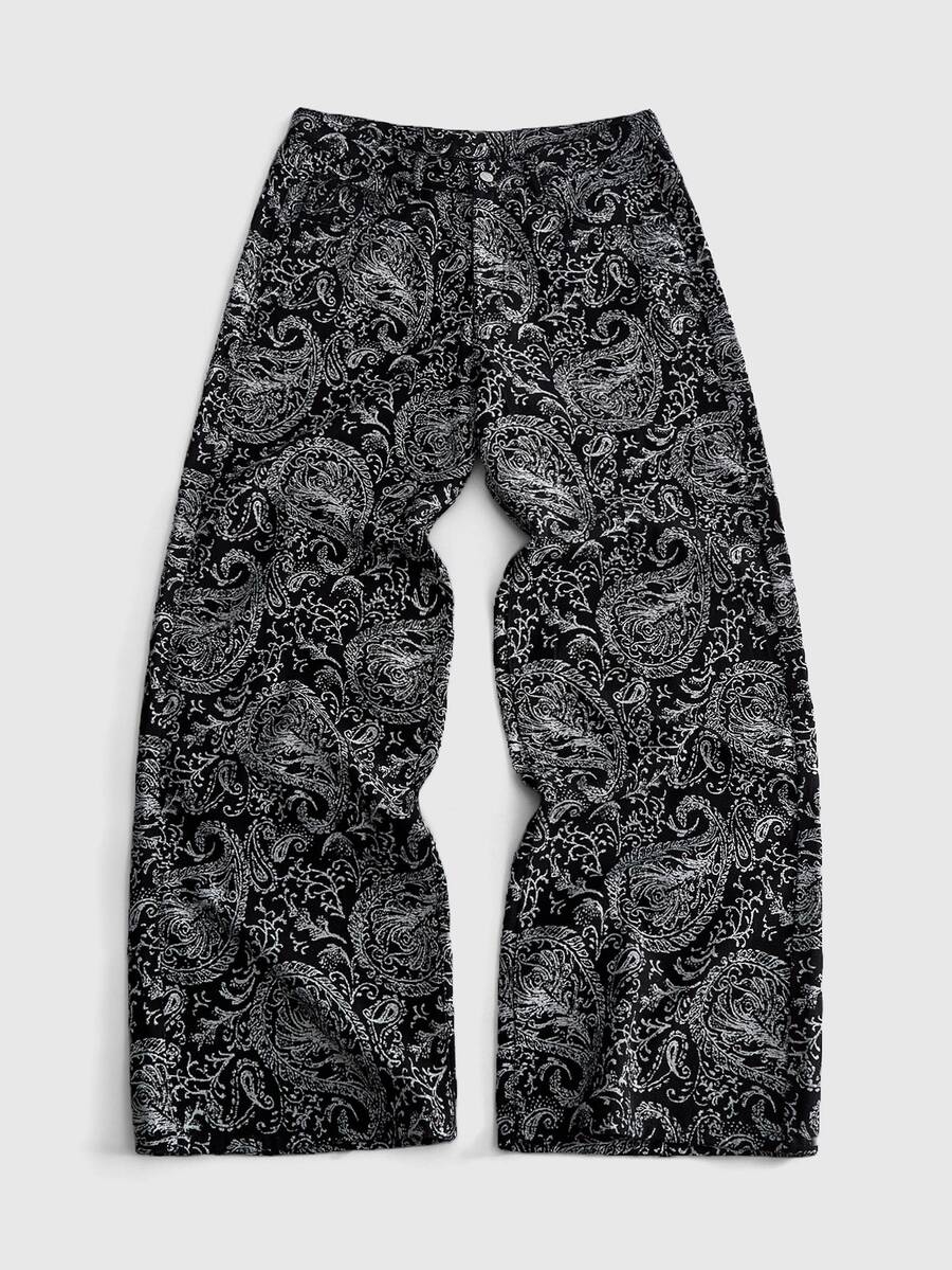 ROMWE MEN New American Street Vintage Paisley Full Print Wide Leg Denim Jeans Unisex Black & White Paisley Pattern High Street Drape Floor Length Cargo Pants All Season Versatile Daily Wear Commute - Multicolor - View 1