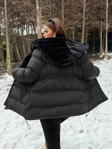 Muchica Plus Size Women's Solid Color Long Sleeve Zipper Front Casual Hooded Winter Jacket - Black - View 2