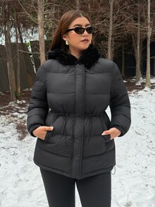 Muchica Plus Size Women's Solid Color Long Sleeve Zipper Front Casual Hooded Winter Jacket - Black - View 7