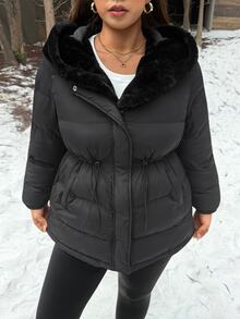 Muchica Plus Size Women's Solid Color Long Sleeve Zipper Front Casual Hooded Winter Jacket - Black - View 3