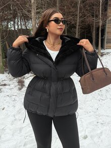 Muchica Plus Size Women's Solid Color Long Sleeve Zipper Front Casual Hooded Winter Jacket - Black - View 5