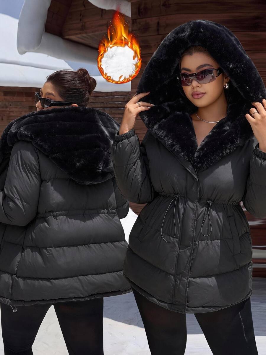 Muchica Plus Size Women's Solid Color Long Sleeve Zipper Front Casual Hooded Winter Jacket - Black - View 1