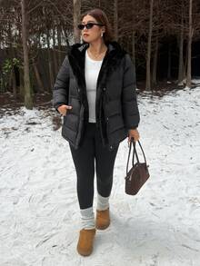 Muchica Plus Size Women's Solid Color Long Sleeve Zipper Front Casual Hooded Winter Jacket - Black - View 4