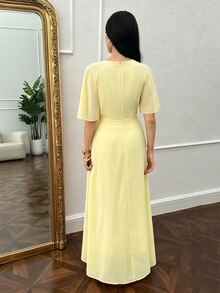 Modelyn Women's Ruched Waist Concealed Belly Flared Fall Yellow Long Dress - Yellow - View 2