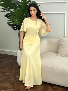 Modelyn Women's Ruched Waist Concealed Belly Flared Fall Yellow Long Dress - Yellow - View 4