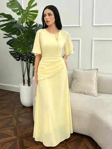 Modelyn Women's Ruched Waist Concealed Belly Flared Fall Yellow Long Dress - Yellow - View 6