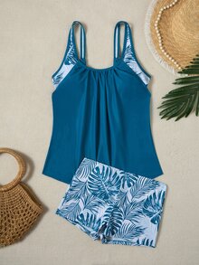 Swim Lushoire Summer Beach Vacation Vacation Vacation Pool Party Teal Shorts Tankini Swimsuit Blue And White White Tropical - Dark Green - View 9