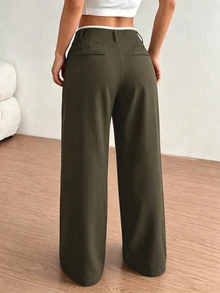 FavEase 女款秋季腰部拼接高端設計側口袋修身直筒橄欖綠長褲，適合日常、辦公、上學與休閒穿著 - 軍綠色 - 查看 2