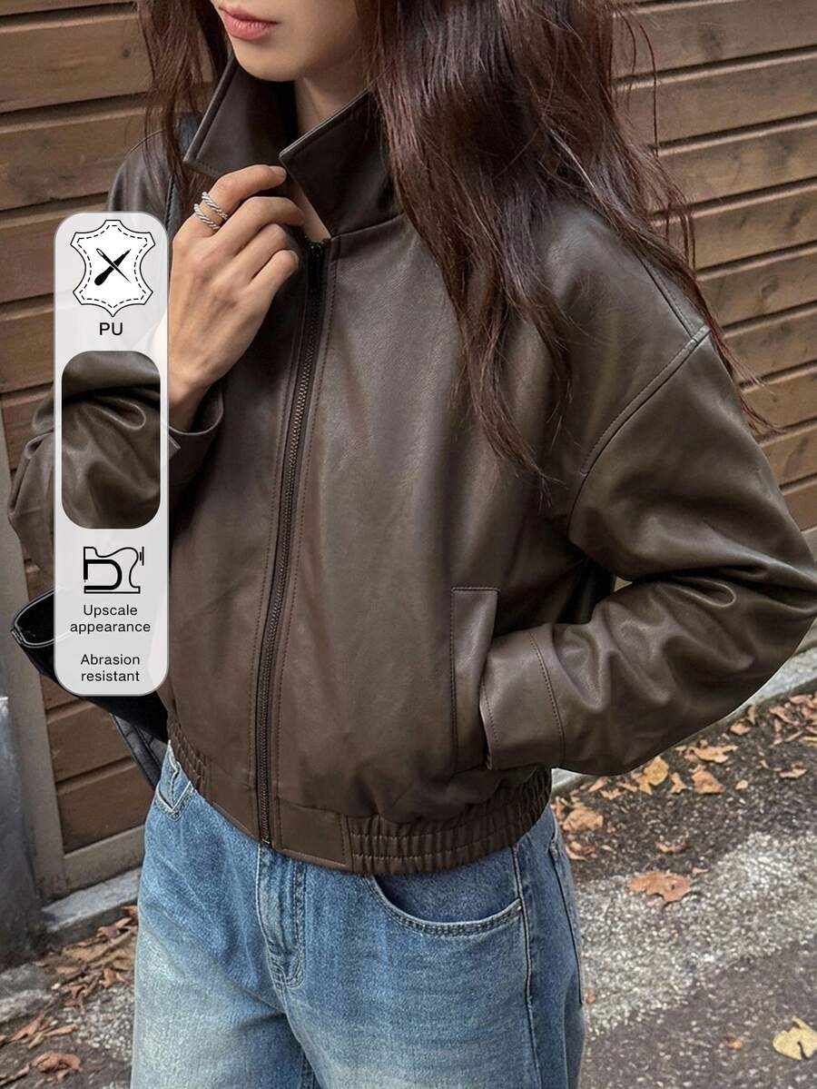 DAZY 秋季新款做舊皮革短夾克 情人節女款 常規版 日常外穿 深棕色 休閒街頭風 冬季 - 棕色 - 查看 1